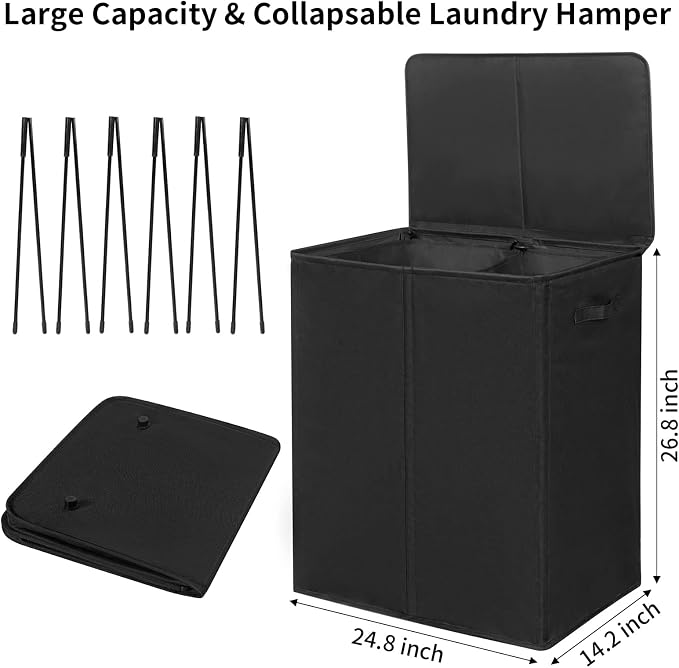 WOWLIVE 154L Double Laundry Hamper with Lid and Removable Laundry Bags, Large Dirty Clothes Hamper 2 section Collapsible Laundry Basket Dorm Room Storage for Bedroom, Bathroom, College, Black - Image 5