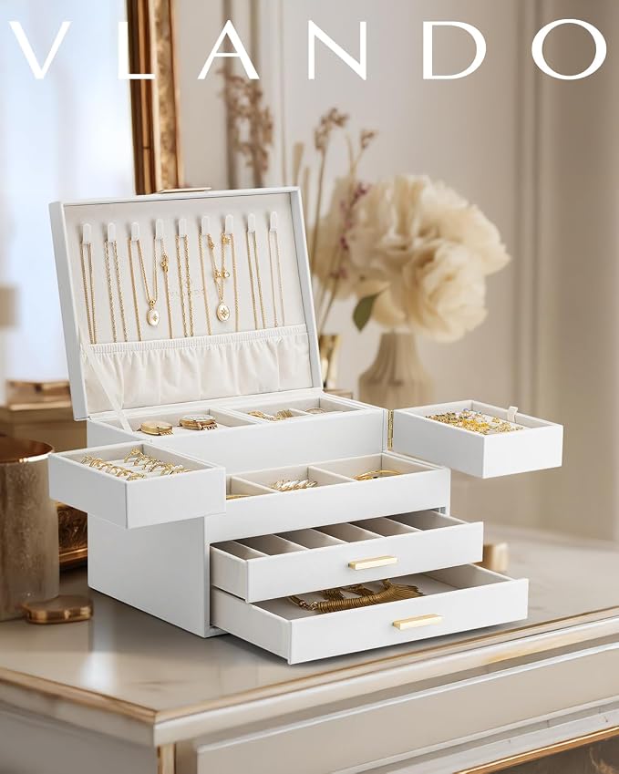 VLANDO 4 Layers Jewelry Box - Women Jewelry Box with Retractable Tray - Jewelry Organizer with Drawer for Necklaces, Rings, Bracelets, Earrings, Gift for Couples Mom Girls - White - Image 2
