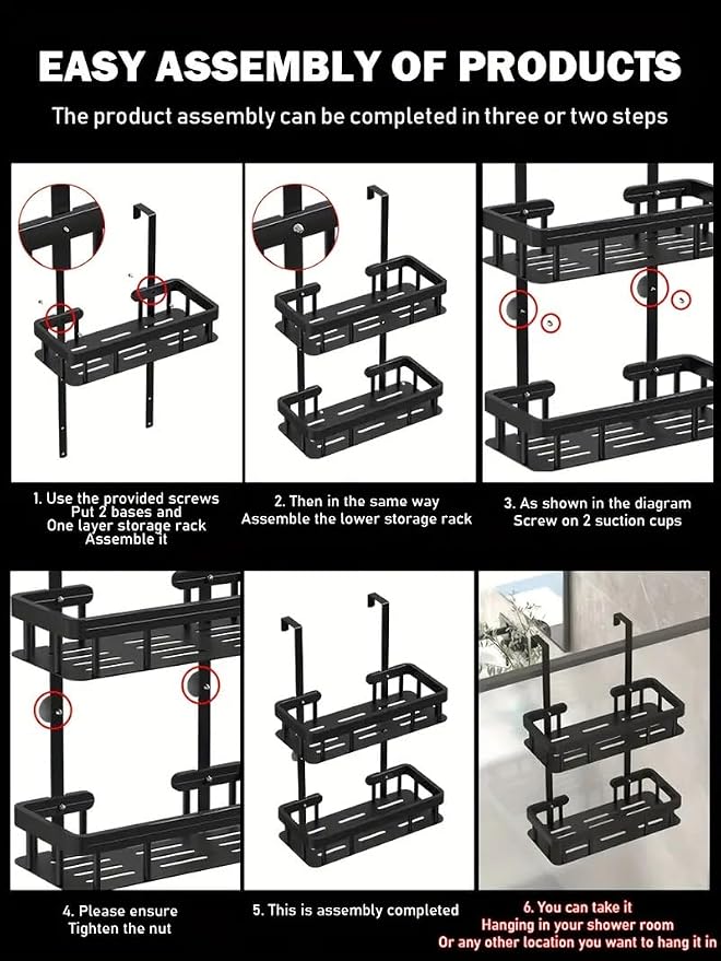 Over Door Shower Caddy, Black Rustproof Bathroom Organizer, 2-Tier Storage Rack, 11.81x5.31 Inch Shelves, No Drilling Required - Image 9