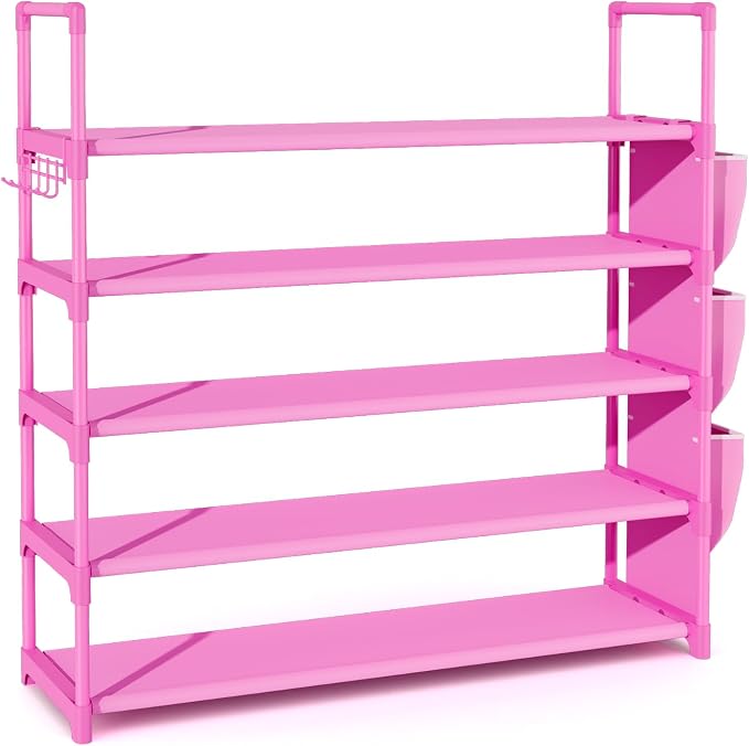 VILICK Shoe Rack for Closet Shoe Organizer Space Saver Storage for 20-25 Pair Shoe Shelf with Hook and Side Pocket Free Standing 5 Tier Shoe Rack Organizer for Entryway,Small Spaces, Pink - Image 8