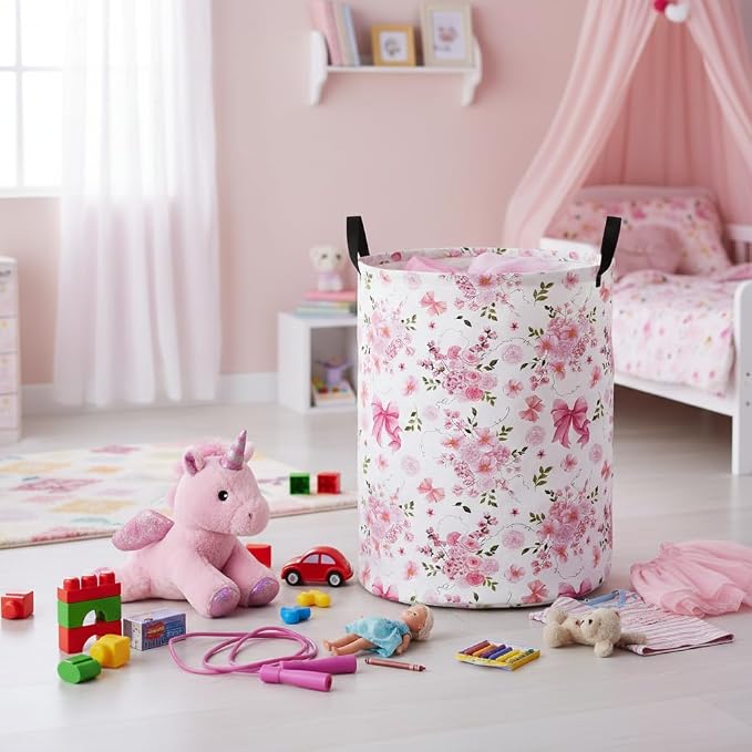 Baby Laundry Basket Baby Nursery Hamper Kids Laundry Basket Toy Storage Bin for Boys Room Decor Gift Baskets for Bedroom Bathroom(Bowknot Flower) - Image 4