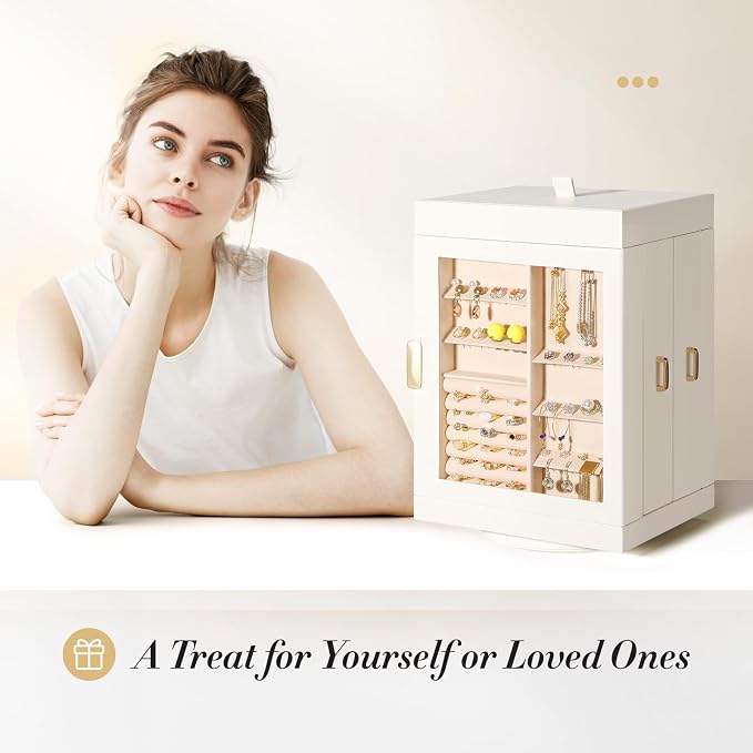 TidyStash 360° Rotating Jewelry Organizers and Storage, Large Jewelry Boxes for Women Necklace, Ring Earring Storage, Vertical Accessory Organizers and Storage, Cream White - Image 7