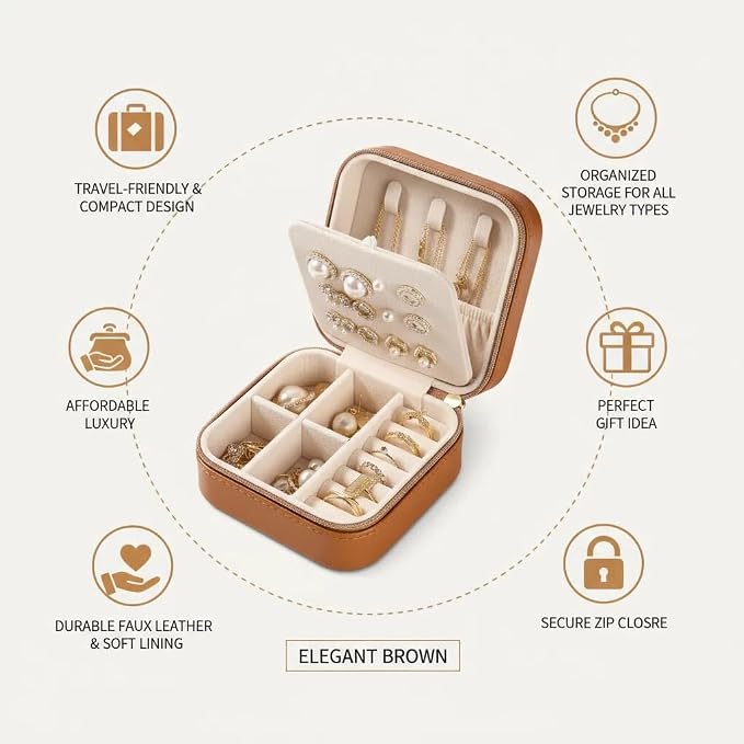 Travel Jewelry Box, PU Leather Small Jewelry Organizer for Women Girls, Portable Mini Travel Case Display Storage Holder Boxes for Stud Earrings, Rings, Necklaces (Brown) - Image 2