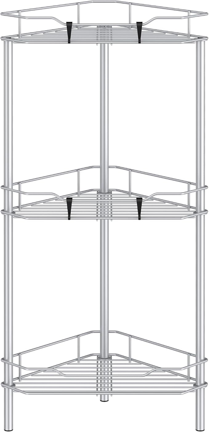 HuggieGems 3 Tier Floor Standing Corner Shower Caddy Organizer Shelf with Hooks, Bathroom Shelves Stand Rack, Silver by HuggieGems