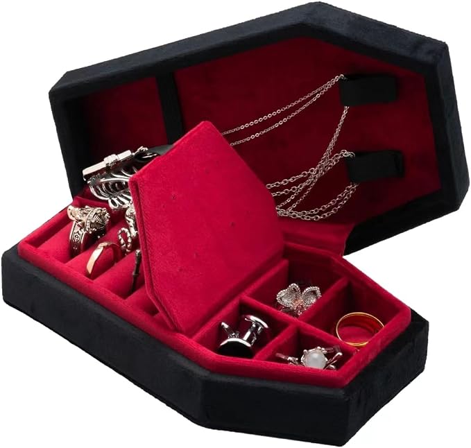 Velvet Coffin Jewelry Travel Case Holder for Gothic Wedding Ceremony Jewelry Organizer Decoration (Black Red 4 Grid) - Image 3