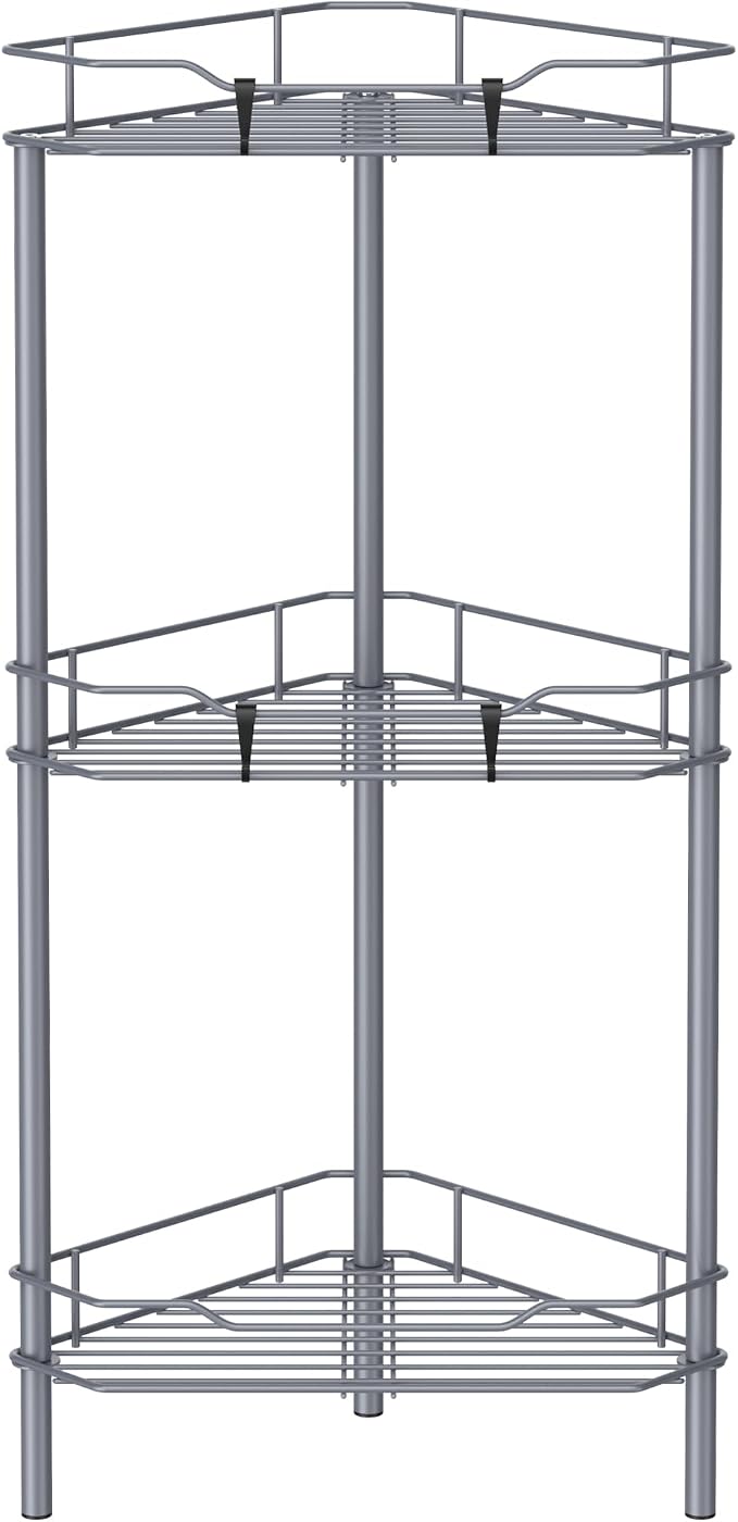 HuggieGems 3 Tier Floor Standing Corner Shower Caddy Organizer Shelf with Hooks, Bathroom Shelves Stand Rack, Dark Gray by HuggieGems