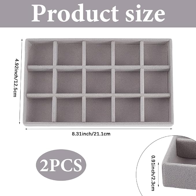 2Pcs 5 x 8.3 Inch Jewelry Drawer Inserts Velvet Jewelry Tray Gray 15 Grids Dresser Earring Drawer with Removable Divider Necklace Organizer Storage Container for Bracelet Ring Watch Display - Image 2