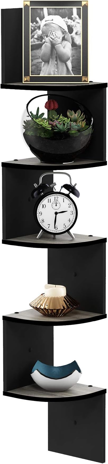 Furinno Rossi Wall Mount Floating Corner Shelf, 5-Tier Radial, French Oak Grey/Black by Furinno-FitsYourSpaceFitsYourBudget