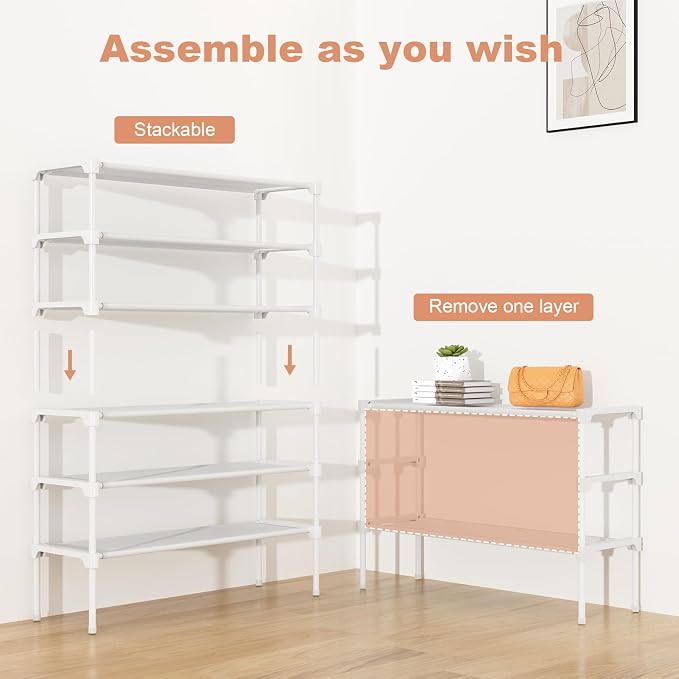 34" Widening Design Shoe Rack for Closet 16 Pairs Small Spaces Non-Woven 3 Tier Shoe Organizer Stackable Metal Shoe Shelf for Entryway, Bedroom White - Image 5