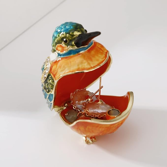 Hand Painted Enamel Kingfisher Trinket Box for Home Decor, Hinged Jewelry Organizer for Ring Earrings, Unique Figurine Keepsake Collectible Personalized Handmade Ornament Gifts (Blue Kingfisher) - Image 3
