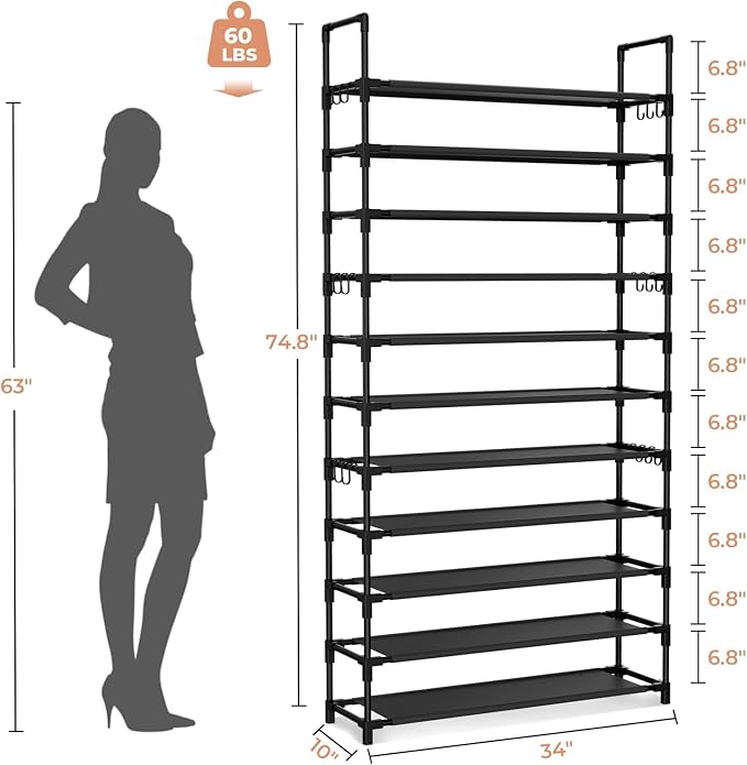 LANTEFUL 11 Tiers Tall Shoe Rack Holds 55 Pairs of Shoes with 18pcs Hooks Sturdy Wide Shoe Organizer Storage Free Standing Metal Shoe Shelf for Closet, Entryway Black - Image 3