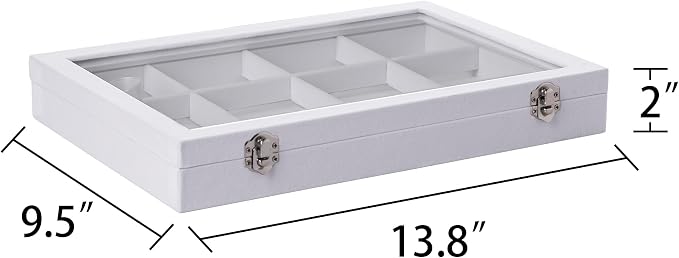 Frebeauty Velvet Jewelry Tray,12 Grid Jewelry Organizer with Clear Lid,Bracelets Holder,Jewelry Display Case with Clasp,Drawer Insert Bangle Brooch,13.8 x 9.5 x 2 Inches,Gift for Women Girls(White) - Image 3