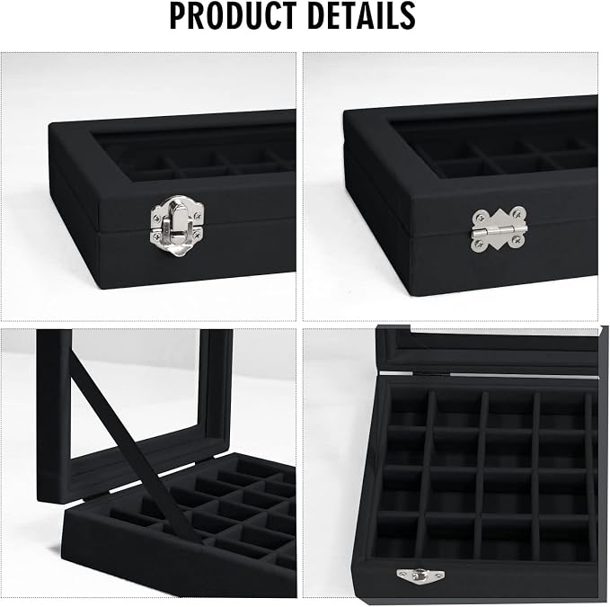 Vicoter Velvet Jewelry Box 24 Grid Jewelry Ring Display Organiser Box Tray Holder Earrings Storage Case for Girls Wife Mom Women (Black) - Image 4