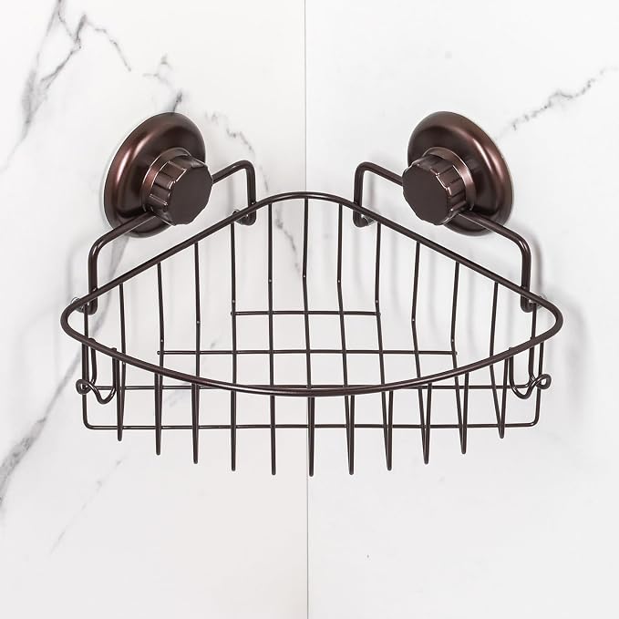 HASKO accessories Suction Cup Corner Shower Caddy - 304 Stainless Steel Shower Shelf - Adhesive 3M Stick Discs Included - Bathroom Caddy with Hooks - No Drilling Bathtub Storage Organizer (Bronze) - Image 3