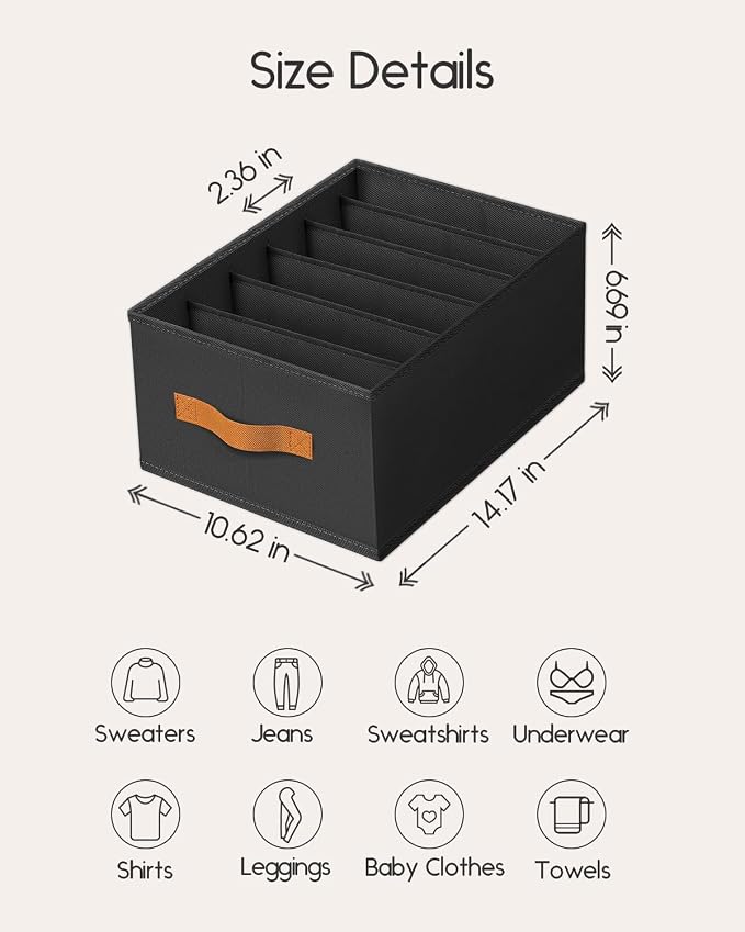 Homsorout Closet Organizers and Storage - Fabric Clothes Organizer with Handles, Foldable Jeans Organizer for Clothes, Drawer Organizer for Shirts, Bra, Sweater, Scarf, 6 Pack, Black - Image 7