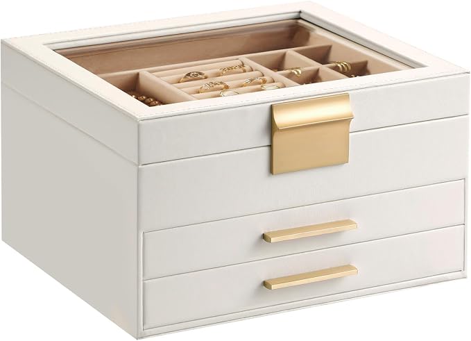 Somduy Jewelry Box Organizer for Women,3 Layers Jewelry Storage Display Box with Glass Lid,Gift for Christmas,3 Drawers,Large Capacity for Necklace Earrings Bracelets Rings,White by Somduy