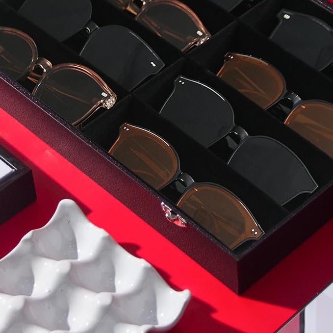 Coward Sunglass Organizer Tray Box, Black Velvet Grids Eyeglasses Display Tray Case with Transparent Glass Lid for Home Use or Store Shop Selling Show - Image 4