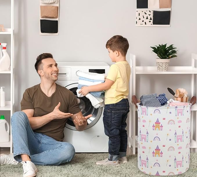 Kids Laundry Hamper Girls Hamper for Nursery Boy and Girl Elephant Hamper Cute Kids Toys Storage Bin Organizer Room Decor for Home(Castle) - Image 5