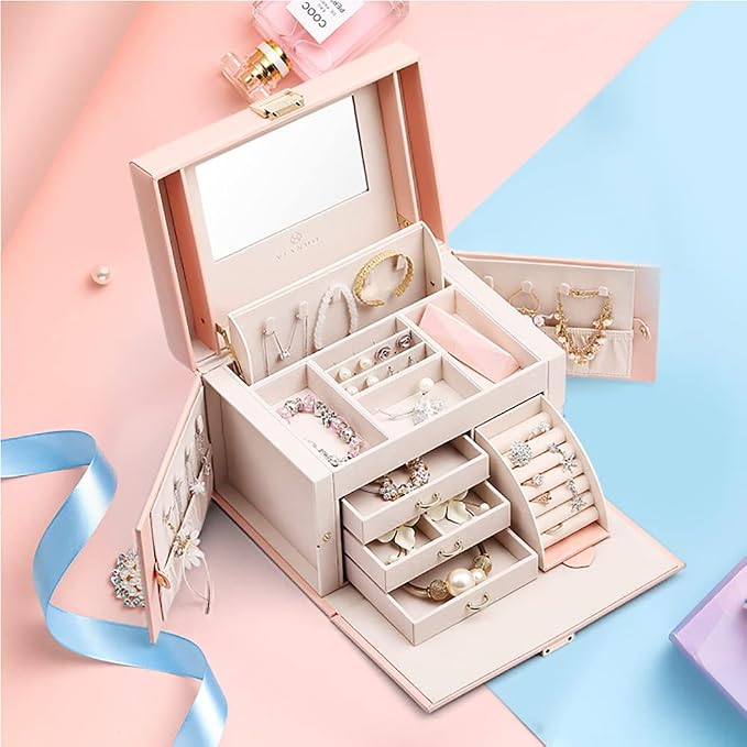 Vlando Mirrored Jewelry Box Organizer, Leather Jewelry Storage Case, Necklaces Earrings Rings Brackets Box Holder, Pink - Image 8