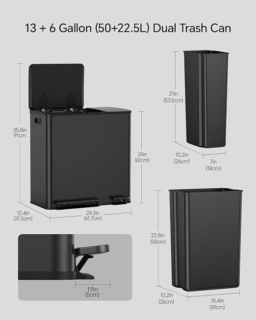Lovewind Dual Trash and Recycling Bins for Kitchen, 13+6 Gallon Stainless Steel Garbage and Recycle Bin Combo for Large Families, Dual Trash Can with Soft Close Lid & Magnetic Stickers, Black - Image 2