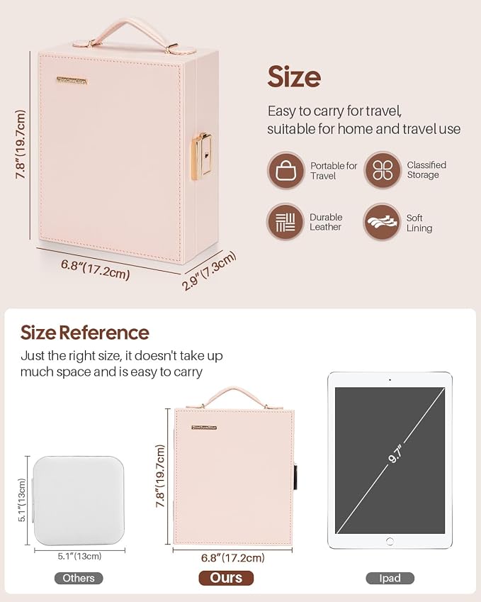 Enthralite Large Travel Jewelry Case: Portable Necklace Box with Mirror - PU Leather & Velvet Lined Jewelry Organizer for Ring Earring Bangle Bracelets Watch - Birthday Gift for Her - Image 6