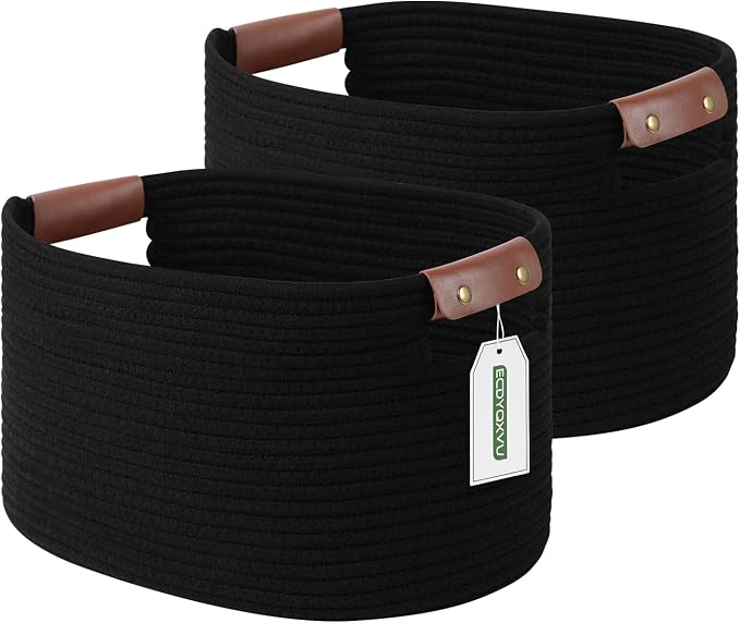 ECDYQXVU Cotton Rope Basket, Storage Baskets with Handle, 15x10x9 Inch Woven Basket for Shelves, Laundry, Towels, Clothes, Books (Black 2Pack) by ECDYQXVU