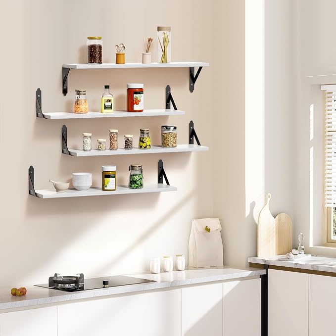 ROMGUAR CRAFT Wood Floating Shelves Set of 4, Rustic Storage Decor Wall Shelves, Wall Mounted Shelf for Living Room, Bedroom 23.6" x 6", White - Image 2