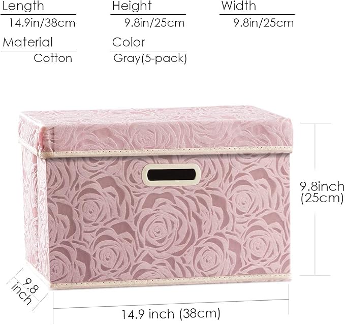 PRANDOM Collapsible Storage Boxes with Lids [5-Pack] Fabric Decorative Storage Bins Cubes Organizer Containers Baskets with Cover Handles Divider for Bedroom Closet Living Room Pink 14.9x9.8x9.8 Inch - Image 5
