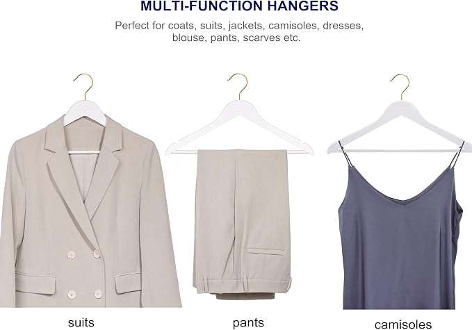 Amber Home 20 Pack White Wooden Coat Hangers with Gold Hook, White Wood Suit Hangers with Non-Slip Pant Bar, Clothes Hangers for Closet Organization, Shirts, Jackets, Dresses and Pants (White+Gold,20) - Image 5