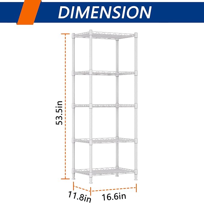 REGILLER 5-Wire Shelving Metal Storage Rack Adjustable Shelves,Standing Storage Shelf Units for Laundry Bathroom Kitchen Pantry Closet(White,11.8" D x 16.6" W x 53.5" H) - Image 3