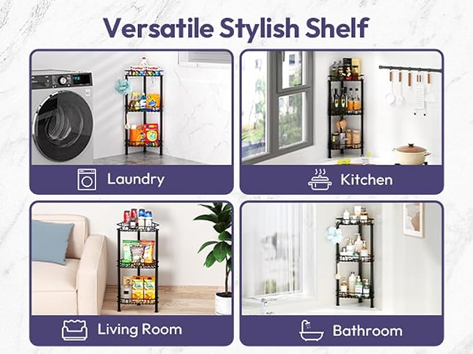 SWTYMIKI Standing Shower Caddy Corner - 3‑Tier Stainless Steel Shower Organizer Shelf with 12 Hooks and Adhesive Pads, Rustproof Corner Shelves Stand Rack for Bathroom Shower Room, Black - Image 6