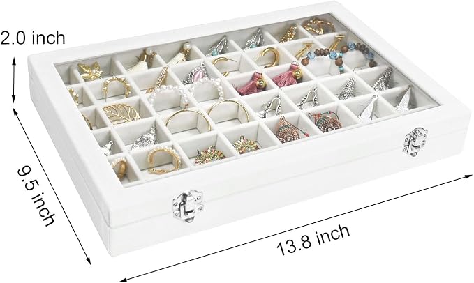 Siveit Velvet Jewelry Tray 48 Grid Jewelry Display Tray Organizer Box with Transparent Lid Rings Earrings Necklaces Pendants Display Box Suitable for Women and Girls (Ivory) - Image 3