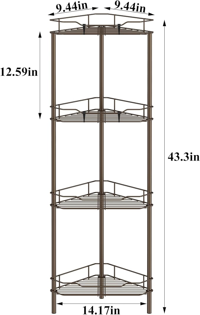 HuggieGems 4 Tier Floor Standing Corner Shower Caddy Organizer Shelf with Hooks, Bathroom Shelves Stand Rack, Bronze - Image 7