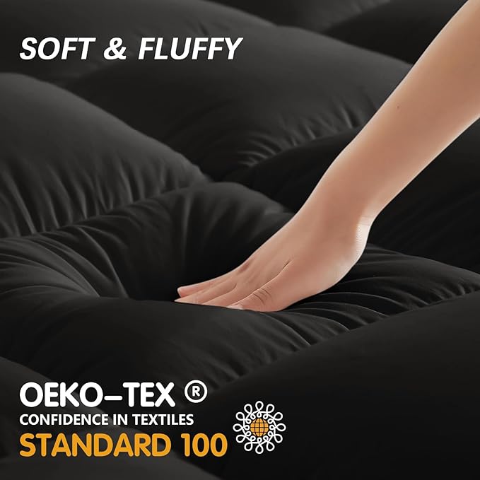 CYMULA Full Size Mattress Topper, Cooling Mattress Pad Cover, Thick Full Bed Pillow Topper Mattress Topper with Deep Pockets, Washable Plush Down Alternative Fill Mattress Protector, Black