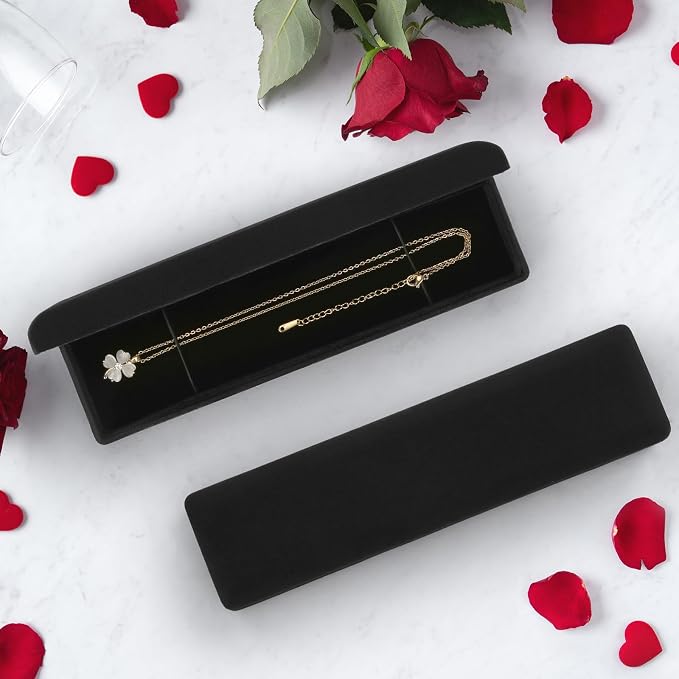 KUKUVR 2 Pieces Metal Velvet Necklace Bracelet Gift Box, Soft Lining Bracelet Pendant Long Chain Organizer Holder Display Case for Wedding Engagement Birthday Anniversary (Black) - Image 6