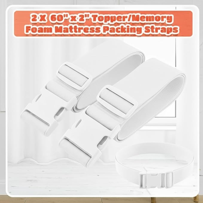2 Pcs 60" x 2" Mattress Topper Straps Adjustable Memory Foam Packing Straps with Buckles for Home Mattress Moving or Storage, White