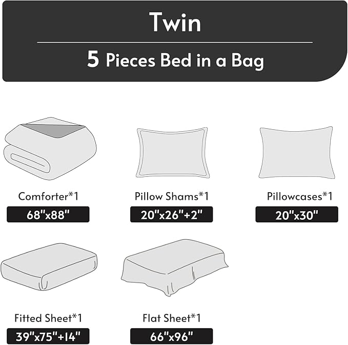 MUXHOMO 5 Pieces Twin Comforter Set, Reversible Bed in a Bag Twin Size, All Season Bedding Set with Comforter, Flat Sheet, Fitted Sheet, Pillowcases & Shams, Ivory & Khaki