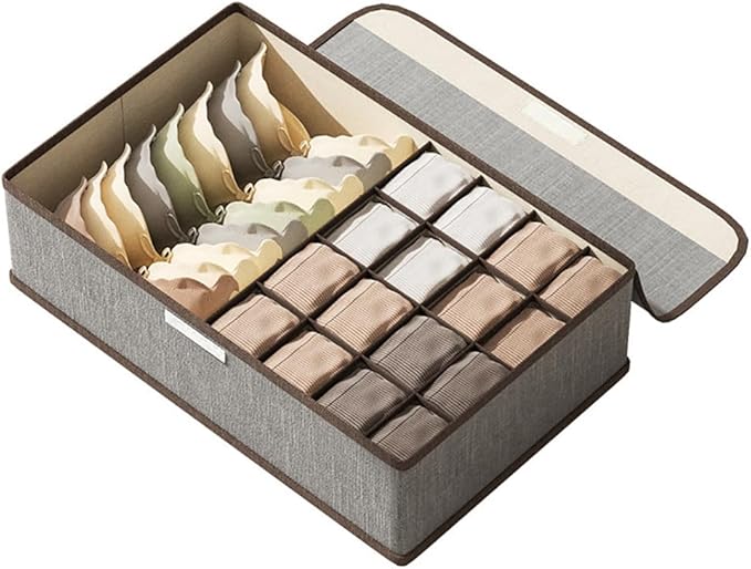 Underwear Sock Tie Storage Organizer with Lid, Foldable Closet Drawer Organizer 1+16 Cells, Drawer Fabric Foldable Cabinet Closet Storage Boxe (Grey) by Mrsnimou