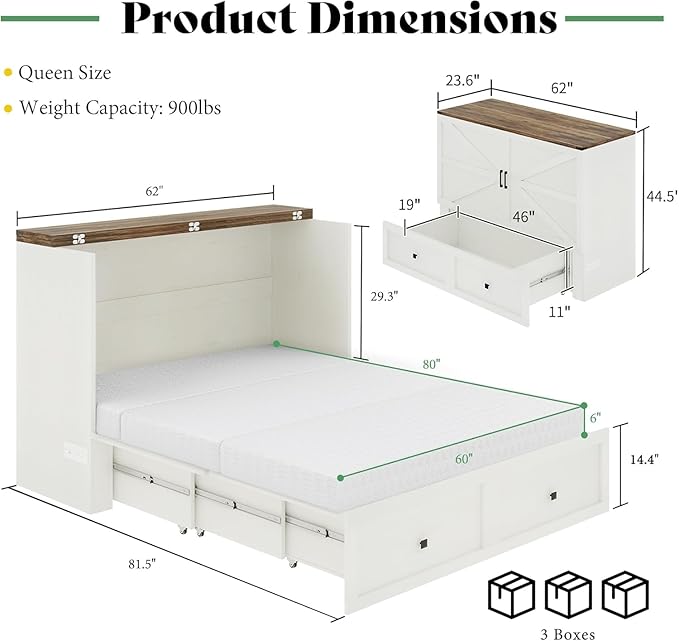 LUXOAK Queen Murphy Bed with 6" Tri-Fold Memory Foam Mattress, Storage Drawer & Charging Station, Space-Saving Design for Home Office or Guest Room, White