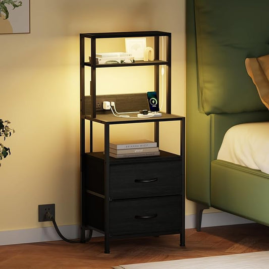 Furnulem Night Stand, Tall Nightstand with 4-Tier Shelves, 2 Fabric Drawers and Light Tube, Bed Side Tables with Charging Station, Bedside Table for Bedroom, Office, Black Oak | 4-Tier Shelves, 2 Fabric Drawers, Light Tube, Bed Side Tables, Charging St...