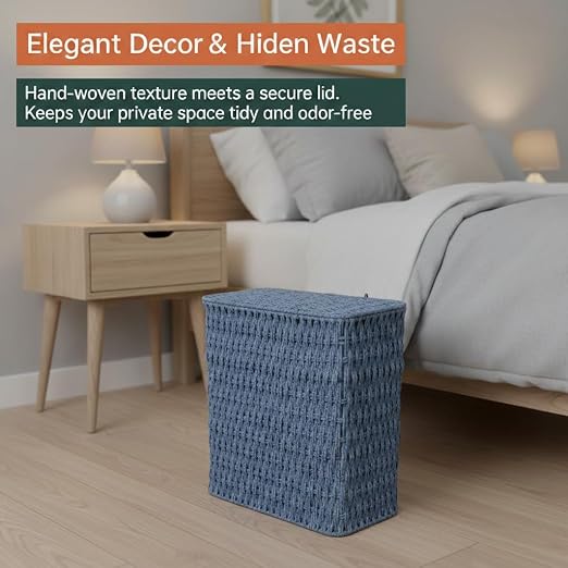 Coeusy 3 Gallon Paper Rope Bathroom Trash Can,Small Wicker Trash Cans with Lid and Liner,Woven Rattan Narrow Waste Basket for Bedroom,Office,Blue - Image 7