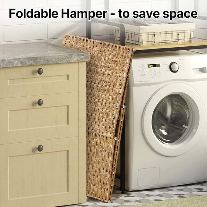 Greenstell Laundry Hamper No Install Needed, Divided Clothes Hamper with 2 Removable Liner Bags, 90L Handwoven Synthetic Rattan Laundry Basket with Lid and Handles, Foldable Natural - Image 8