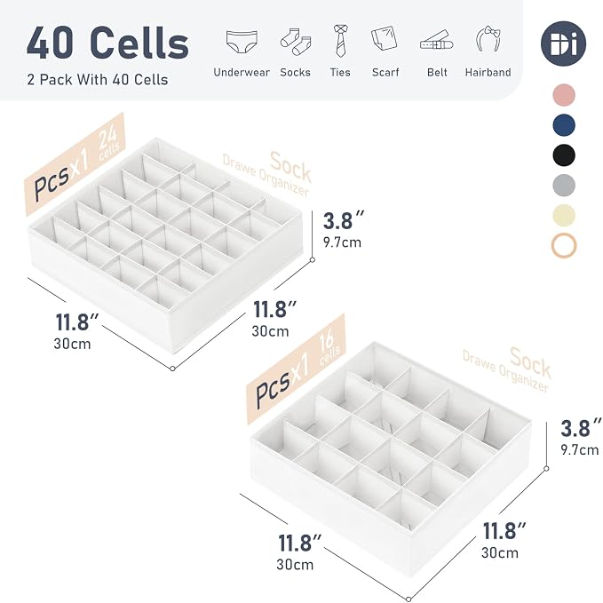 Joyoldelf Sock Drawer Organizer Divider 2 Packs Underwear Organizer, 24 Cell + 16 Cell Closet Organizers and Storage Sock Holders Organizers for Storing Socks, Handkerchiefs, Ties, Belts (White) - Image 2