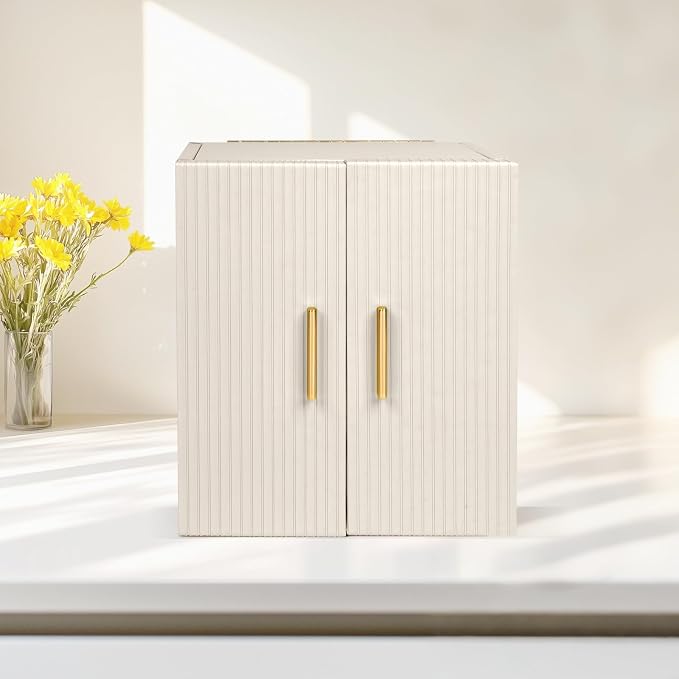Dajasan Large Jewelry Box Organizer, Jewelry Storage Organizer with 3 Drawers, Huge Jewelry Box with Mirror for Women Girls, Double Door, Textured PU Leather, Gift Idea, Stylish (Beige + Gold) - Image 6
