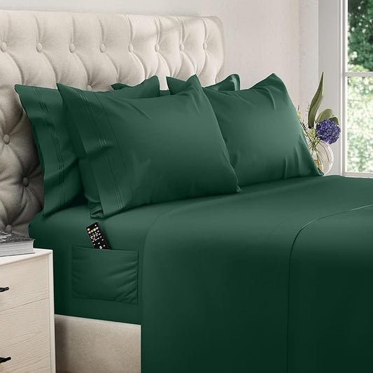 DREAMCARE King Size Sheets Set - 6 pcs Breathable Cooling Bed Sheets - up to 21" Extra Deep Pocket King Sheet Set with Side Pockets Extra Soft 100% Brushed Hypoallergenic Hotel Luxury Bedding -E Green
