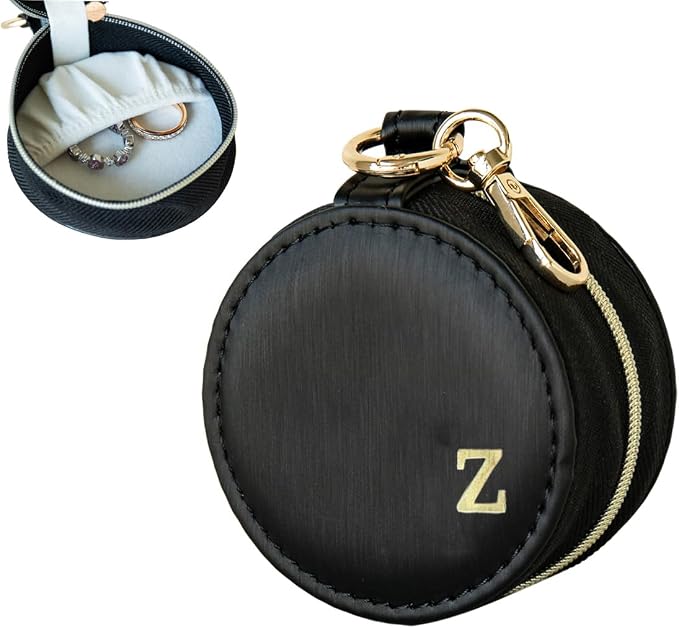 COLLECTIVE HOME - Monogrammed Letter Jewelry Case, Portable Travel Ring Holder Box with Keychain, Personalized Initial Organizer for Earrings Necklaces, Gift for Her (Black-z) by COLLECTIVEHOME