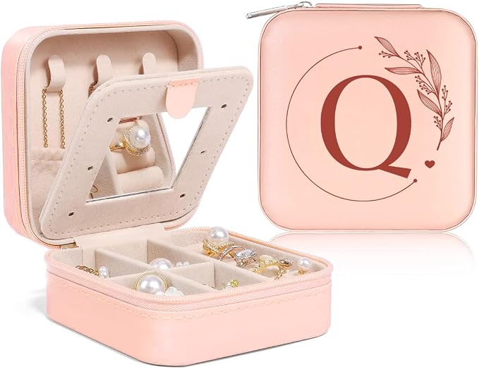 SANDJEST Personalized Jewelry Box, Pink Small Travel Jewelry Box with Initial Q, Monogrammed Jewelry Case Organizer for Girls Women Teen, Mini Travel Essentials Gifts for Christmas Birthday by SANDJEST