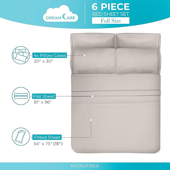 DREAMCARE Full Size Sheets - 6 pcs Breathable Cooling Bed Sheets - up to 15" Deep Pocket Full Size Bed Sheets wth Side Pockets - Extra Soft 100% Brushed Hypoallergenic Hotel Luxury Bedding - Beige