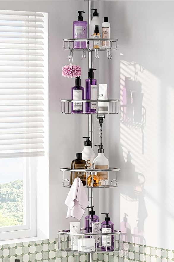 Corner Shower Caddy Tension Pole: Stainless Steel Rustproof 4-Tier Shower Organizer - 47-121 inch Adjustable Bathroom Shelves for Bathtub Shampoo Storage - Tension Rod Floor Standing Bath Rack by ESSEMELLC
