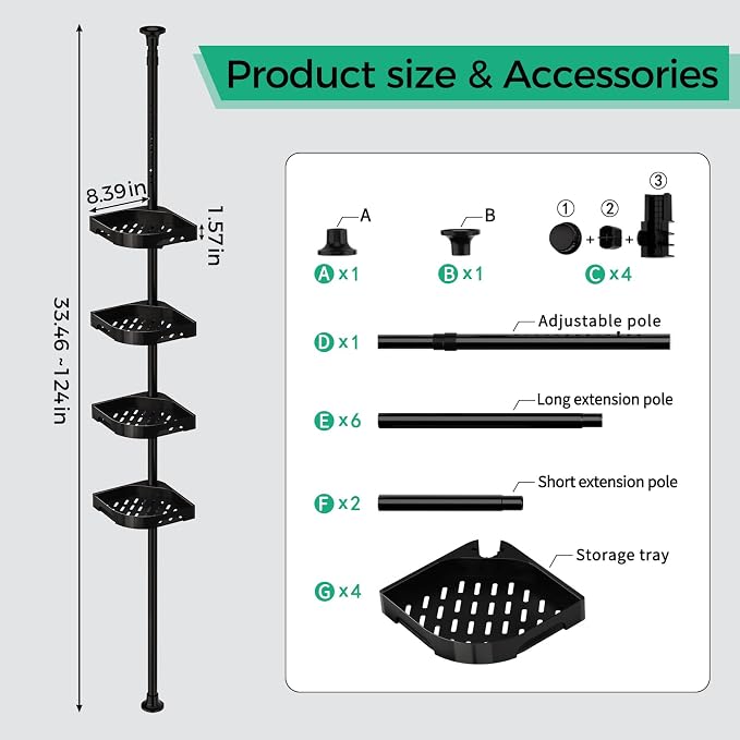 shuang qing 4-Tier Corner Shower Caddy Tension Pole Organizer - Adjustable Rustproof Metal Tension Pole, Plastic Shelves with Safety Guardrail, Bathroom Storage for Shower & Bathtub(Black) - Image 2
